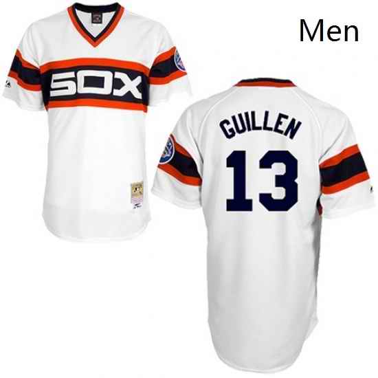 Mens Mitchell and Ness Chicago White Sox 13 Ozzie Guillen Replica White Throwback MLB Jersey